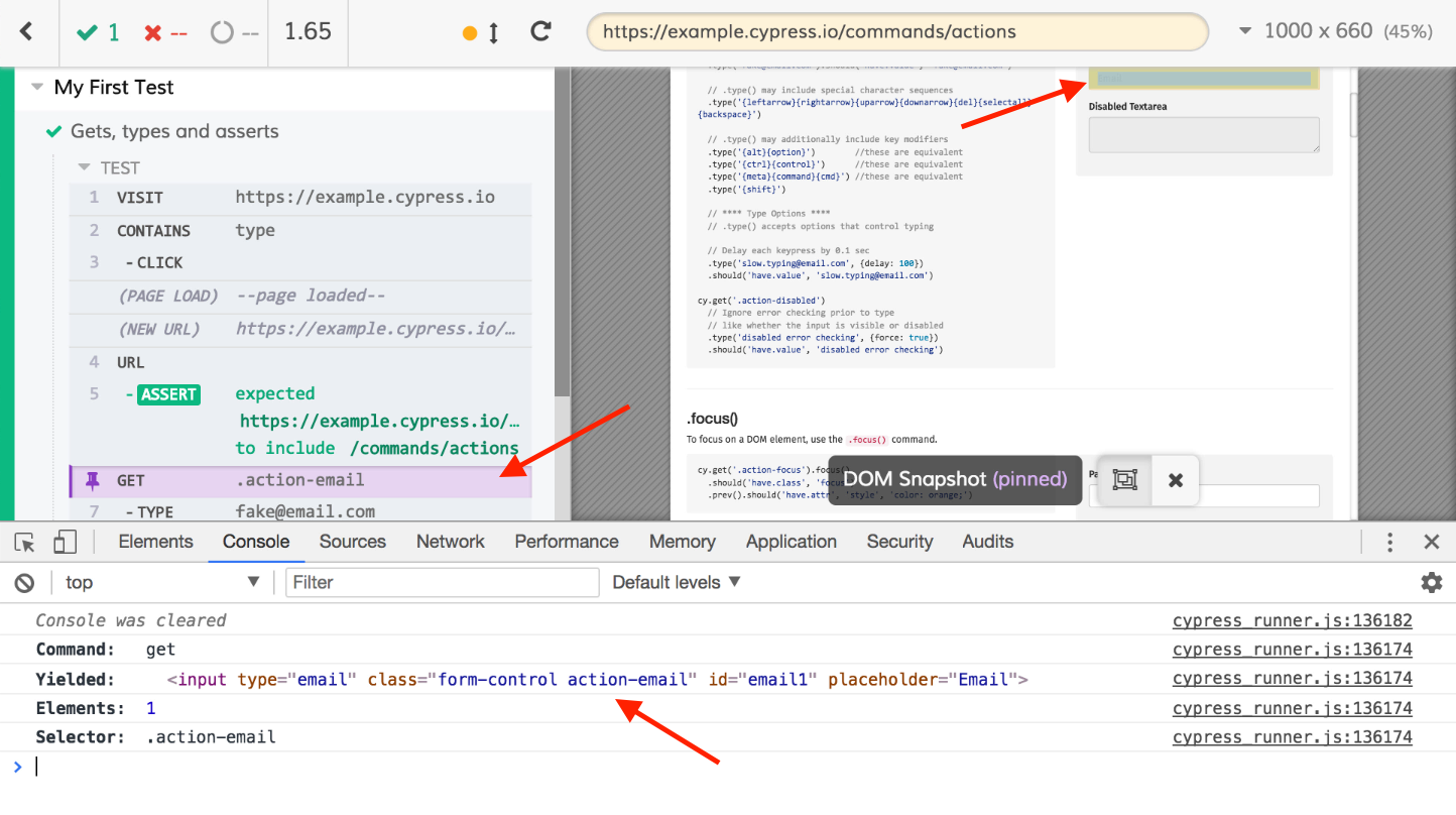 Test Runner with get command pinned and console log open showing the yielded element